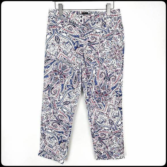 TALBOTS The Perfect Crop Paisley Scroll Patriotic Talavera Vibrant Crop Pants 8 - Picture 1 of 7